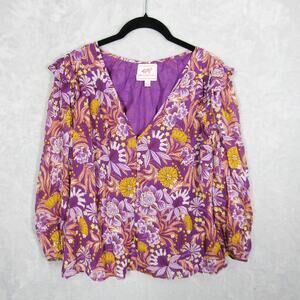 Banjanan Top Womens Small Blouse Elise Purple Floral Cotton Long Sleeve V Neck